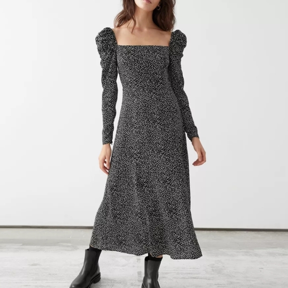 Black Polka Dot Print Gigot Long Sleeve Midi Dress - Picture 4 of 13